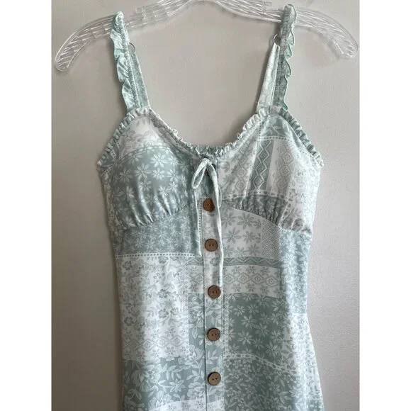No Boundaries Sleeveless Milkmaid Dress Juniors S Green Patchwork Floral - Picture 2 of 6